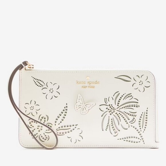Kate Spade New York Lucy Floral Medium L-zip Wristlet  Kate Spade Lucy Perforated Medium L-Zip Wristlet Meringue KK932 Floral Butterfly